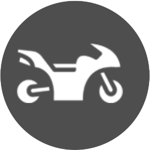 White motorcycle icon on a black circular background